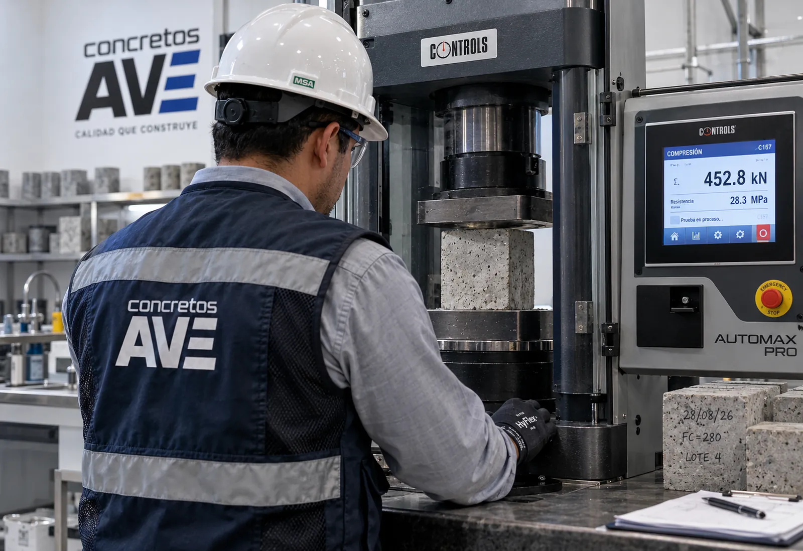 Ensaye de compresión en el laboratorio de Concretos AVE